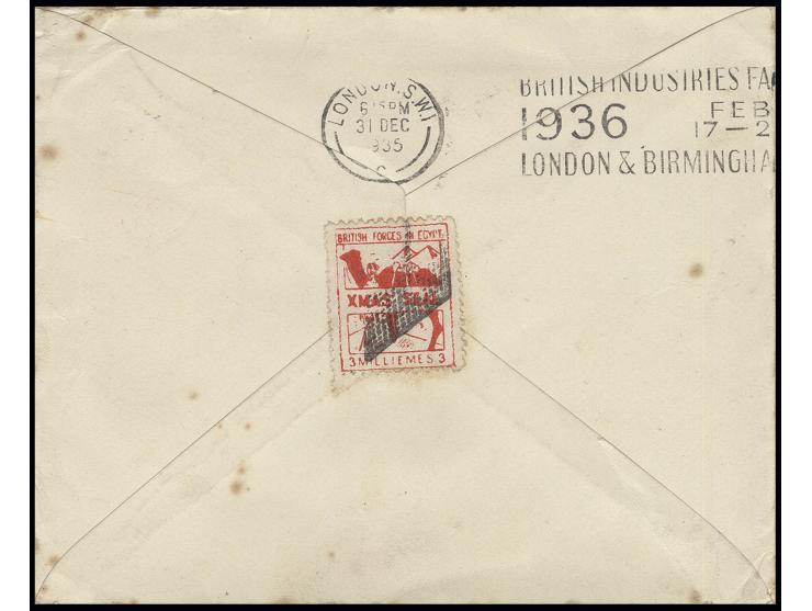 3 m. vermilion, used with retta on reverse of envelope from "M.P.O. CAIRO 24 DE 35" to England and here redirected (SG-no. A6