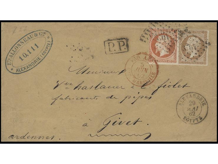 FRENCH POST OFFICES: Napoleon 10 c. and 40 c., tied by PC to cover from Alexandrie 1862 to Givet, fine