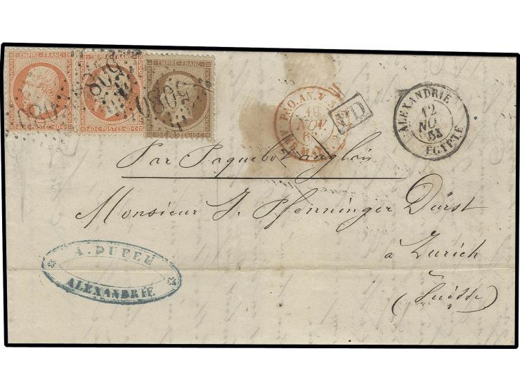 Napoléon perforated 10 c. bistre and 2 copies 40 c. orange, tied by GC "5080" to lettersheet from "ALEXANDRIE 12 NOV. 63" to 