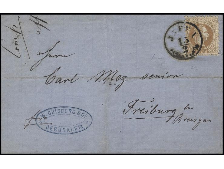 AUSTRIAN POST: 1867, coarse printing 15 sld. brown, tied by single circle with ornament "JAFFA 15/2" (1873) to lettersheet fr