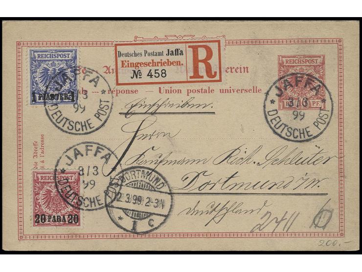 GERMAN POST: "JAFFA 3/3 99" reply part of German Empire double card 10 pfg. with additional franking 20 pa. and 1 pia., regis