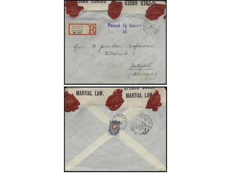 RUSSIAN POST: "ROPID KAIFA 2 8 14", violet cds. on 1912, 2 pia. on 20 k. on reverse of registered envelope with register labe