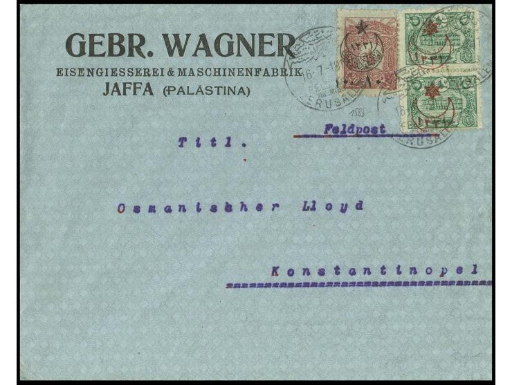 PALESTINE: "JERUSALEM 16-7-1917", three clear strikes on cover franked by Turkey 1915 10p. green vertical pair and 1916 20 p.