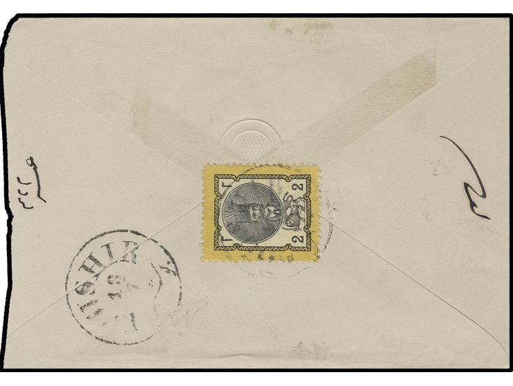 1879, Nasr-ed-Din 2 ch. yellow/black, tied to reverse of small envelope from Boushir to Shiraz, fine and scarce