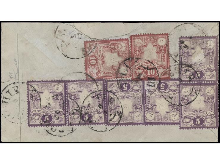 5 c. violet, vertical pair and 4 singles with 2 copies 10 c. rose tied by Boushir cds. to reverse of small envelope to Shiraz