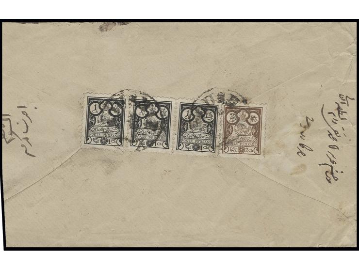 1891, lion 1 ch. black in horizontal strip of 3 and 2 ch. brown, tied reverse of cover from Boushir to Shiraz