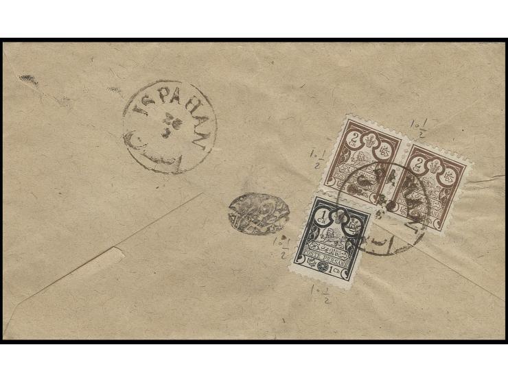 1 ch. black and horizontal pair 2 ch. brown, tied by cds. "ISPAHAN 26/8" to reverse of envelope to Shiraz, fine