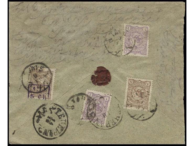 1897, handstamp "5 ch" on 8 ch. brown, with additional franking on reverse of envelope from Tauris to Nedjef, fine