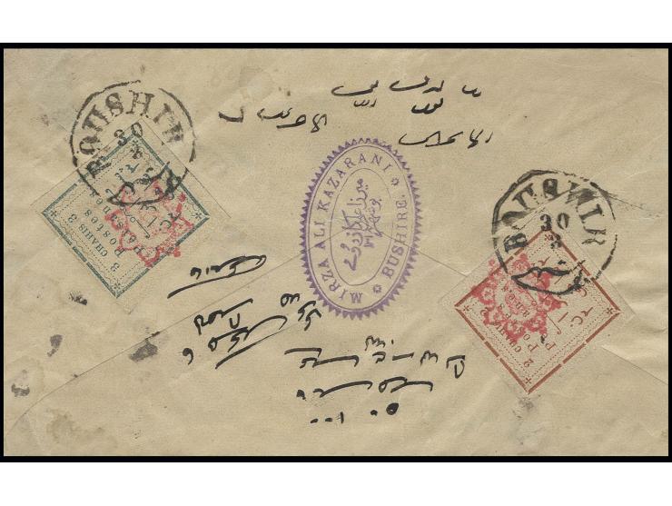 1902, provisionals for Teheran 2 ch. and 3 ch. tied to reverse of envelope from Boushir to Ismahan