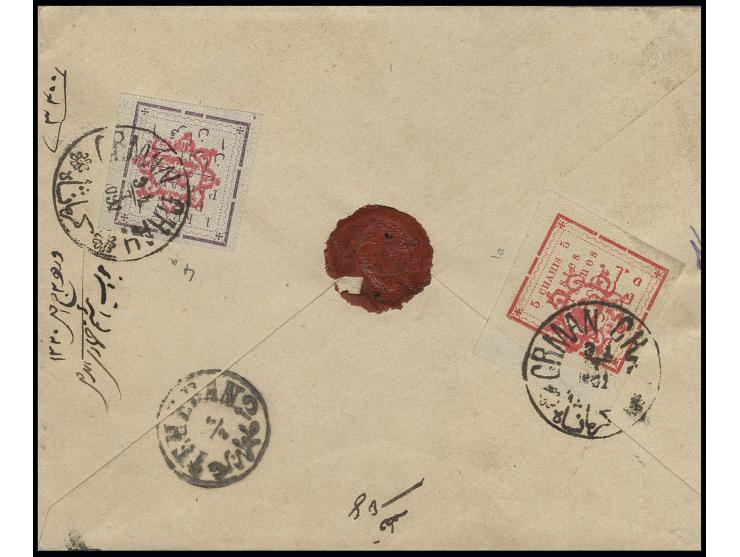 5 ch. and 1 kr., tied by cds. "CRMAN CHAH 31/7" to reverse of registered envelope to Teheran, register label on front