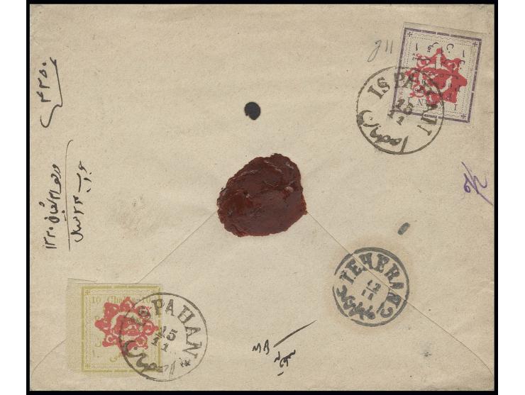 10 ch. and 1 kr., tied to reverse of registered cover from "ISPAHAN 15/11" to Teheran, register label on front