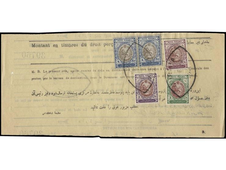 1909, lion 4 kr. in horizontal pair with 2 ch., 3 ch. and 10 ch., tied by shield cancel of Ourmia to Barnameh