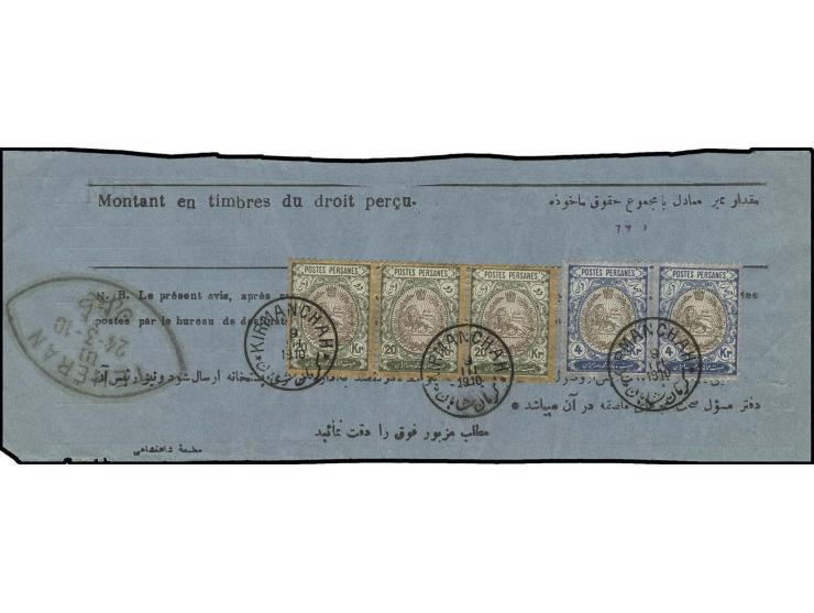 20 kr. in strip of 3 and 4 kr. in pair tied by cds. "KIRMANCHAH 9 III 1910" to Barnameh