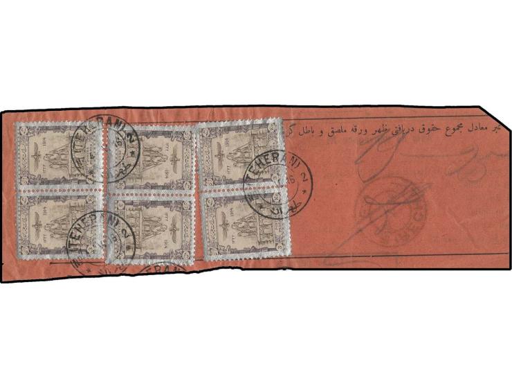 1915, 3 kr., 3 horizontal pairs, tied by cds. of Teheran to Barnameh to Recht