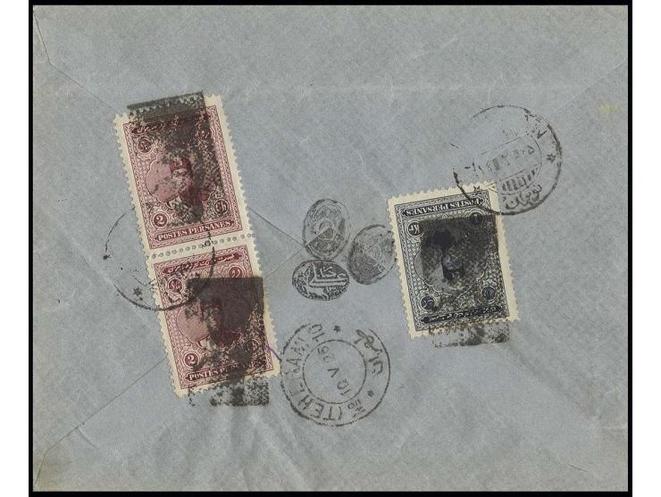 1924, Ahmed Schah 2 ch. in pair with 1 kr., all obliterated by rectangular chop, tied to reverse of registered cover with ack
