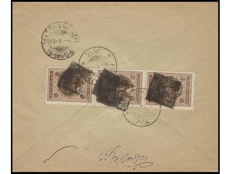 3 ch. in strip of 4, all obliterated by square chops and tied by cds. of Koum Bazar to reverse of cover to Teheran