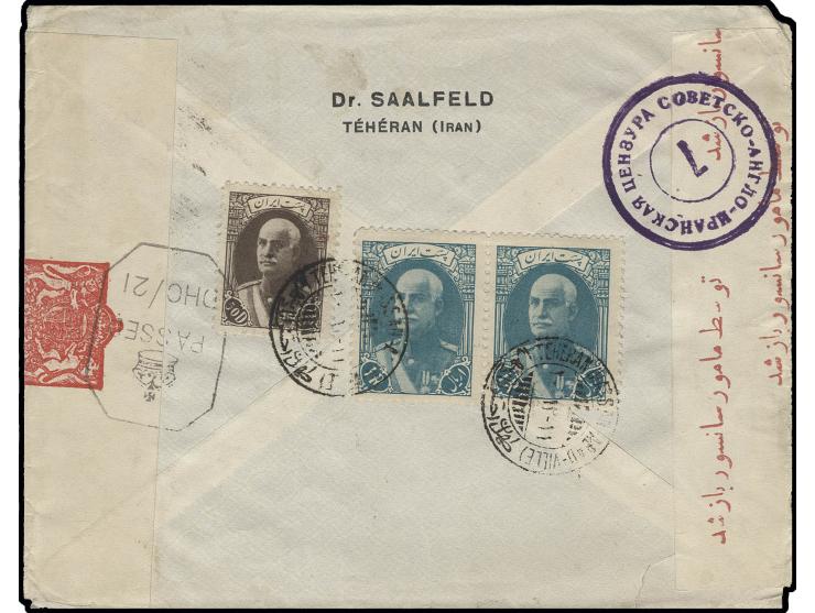 1936, 50 d. and horizontal pair 1 r. tied to reverse of cover from Teheran to the US with British and Russian censor labels
