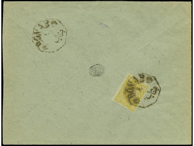 CANCELLATIONS: "BONAB 8/..", clear fancy octagonal postmark on 1897, 5 ch. yellow without handstamp on reverse of envelope to