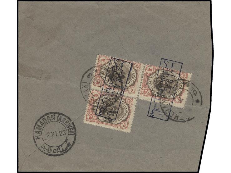 "Censor of the Western Republicans" 2 clear strikes on block of 3 of 1922, 2 ch. on reverse of cover from Teheran to the post