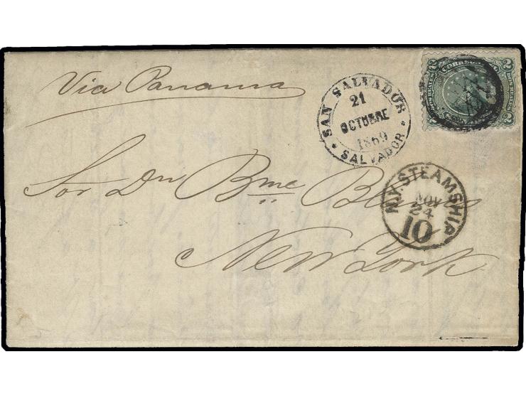 1867, 2 r. green, tied by mute cancel to entire letter from "SAN SALVADOR 21 OCTOBRE 1869" to New York with manuscript "Via P