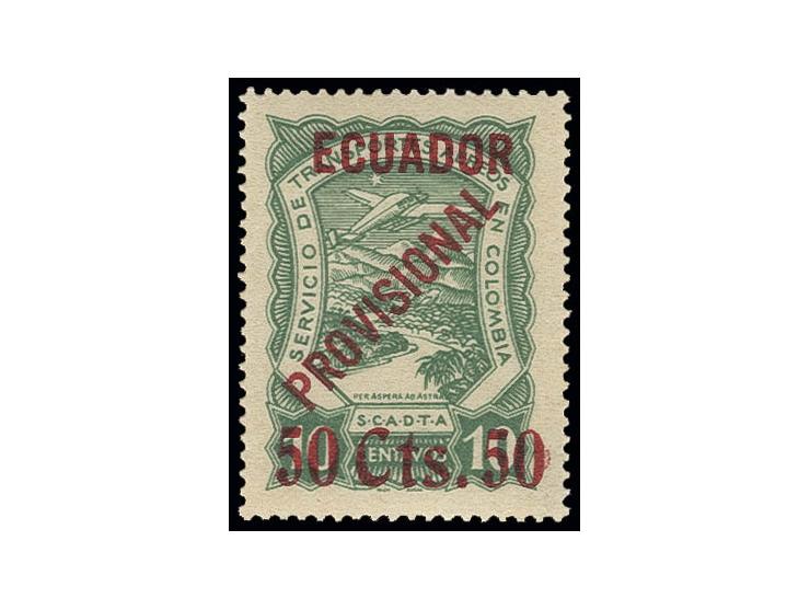 ISSUE FOR ECUADOR:  50 Cts. 50 on 10 c. green, unhinged mint, very fine, a scarce stamp, certificate Alcuri (Scott-no. C6; Mi
