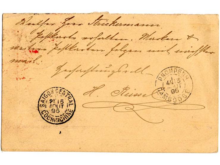 Occupation of Cambodia: "BATTAMBONG 11.8.95" cds. clear on German reply card 10 Pfg. with text via Pnompenh and Saigon to Lei