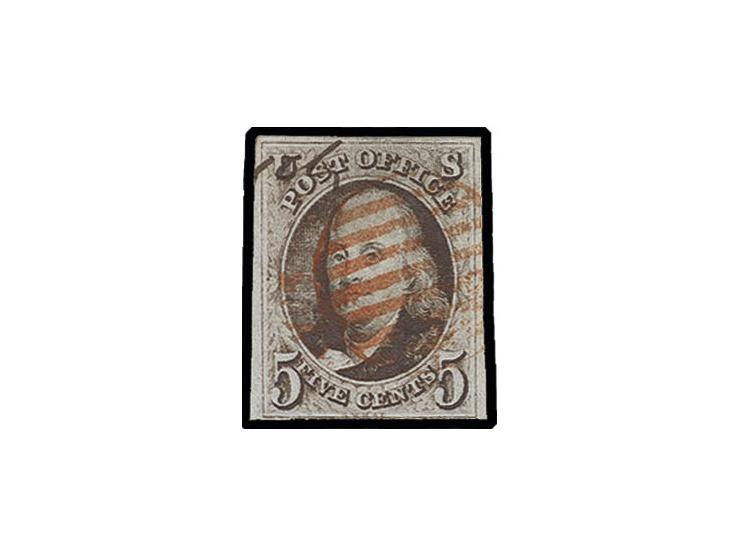 1847, 5 c. dark brown, fresh colour and close to wide margins, used with red grid cancel and part of manuscript, signed Brett