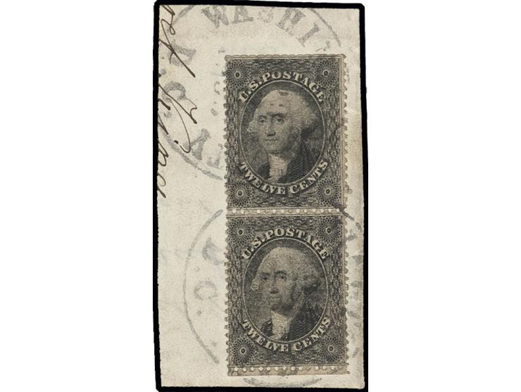 12 c. black, vertical pair tied by black cds. to piece, upper stamp with trimmed perforation at top, otherwise fine, signed B