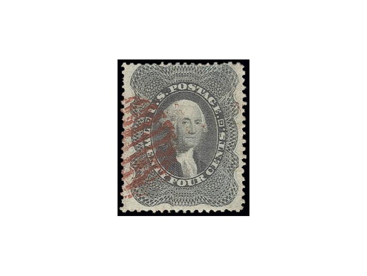 24 c. gray lilac, used with red grill, slightly irregular perforations, otherwise fine, signed Jakubek BPP