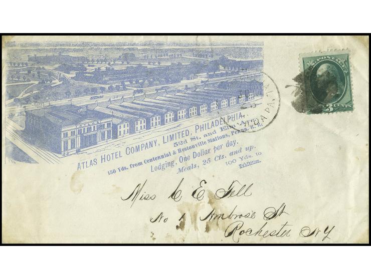 advertising envelope of "ATLAS HOTEL COMPANY ... 100 Yds. to Exhibition", used with 3 c. green to Rochester, slight transport