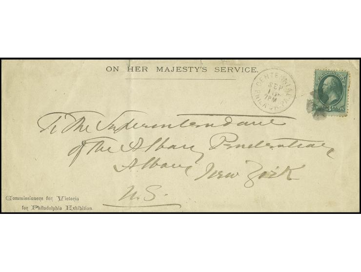 1876, preprinted envelope "ON HER MAJESTY'S SERVICE / Commsissioner for Victoria for Philadelphia Exhibition", used with 1870