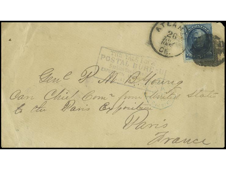1878,"THE YALE LOCK POSTAL BUREAU Section des Etats Unies EXPOSITION UNIVERSELLE PARIS 1878", blue boxed marking on front of 