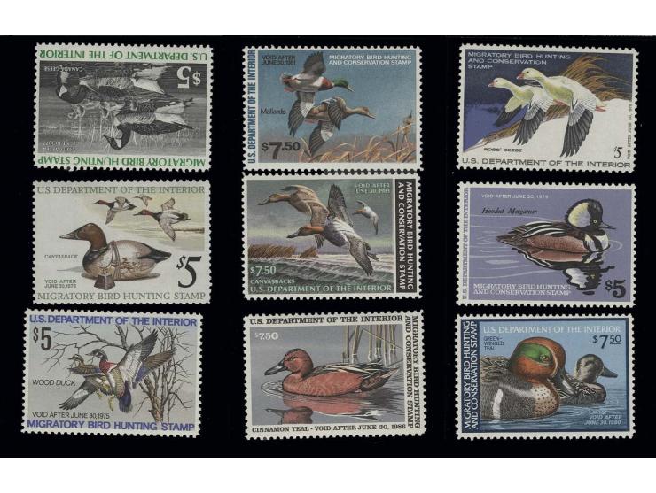 HUNTING PERMIT STAMPS: 1974/85, 9 different stamps, unhinged mint, fine