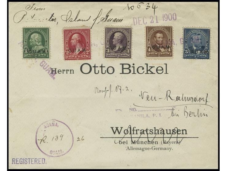GUAM: 1899, 1 c.-5 c., tied by violet "AGANA, GUAM." with adjacent date stamp "DEC 21 1900" to registered cover to Germany; 3
