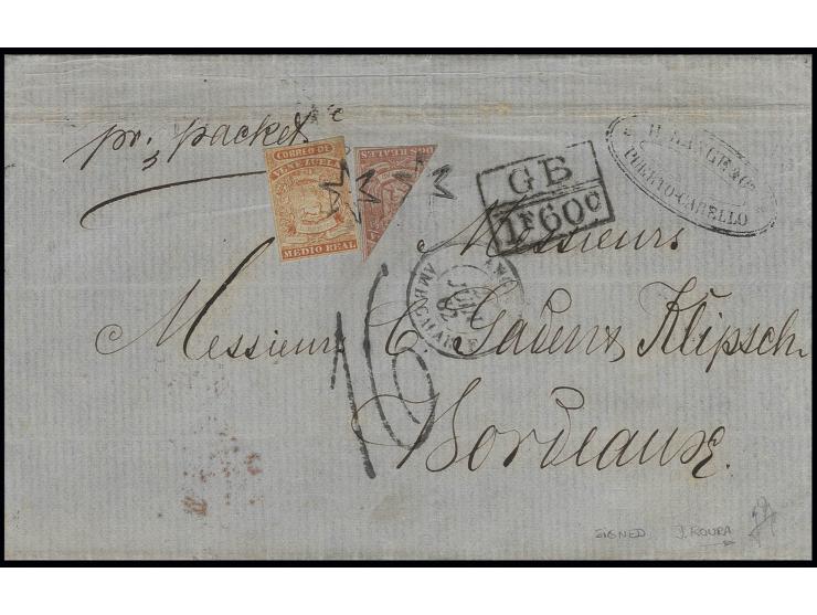 2 r. red, diagonal bisect together with ½ r. yellow-orange, tied by six-pointed star cancels to entire letter 1862, from Puer