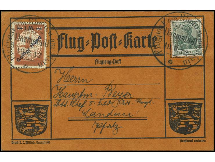 1912, Flugpost am Rhein und Main: 1 M. "Gelber Hund", gestempelt "DARMSTADT 19.6.12" auf Karte nach Landau, Pracht, sign. Bre