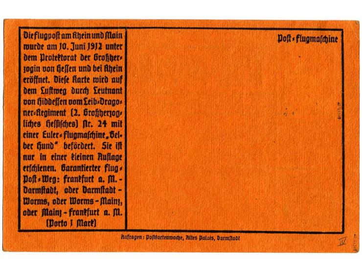 1912, Flugpost am Rhein und Main: 1 M. "Gelber Hund", gestempelt "DARMSTADT 19.6.12" auf Karte nach Landau, Pracht, sign. Bre