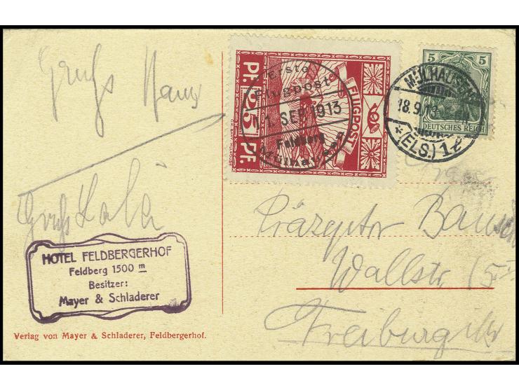 1913, Sonderflug Mülhausen-Feldberg 25 Pfg., entwertet mit violettem Sonderstempel vom 11.9. auf Karte mit Aufgabestempel "MÜ