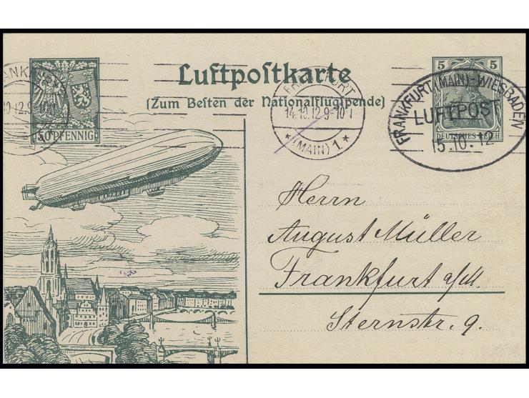 1912, Luftpost-Ganzsachenkarte 5+50 Pfg. mit ungewöhnlicher Doppelentwertung "FRANKFURT 14.10.12" (Endlos-Stempel) sowie Sond