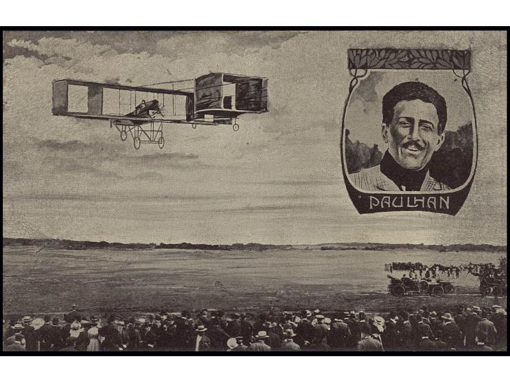 1909, Internationale Flugwoche Köln, offizielle Festpostkarte "Paulhan" mit Porträt und Aeroplan über Flugfeld, ungebraucht, 