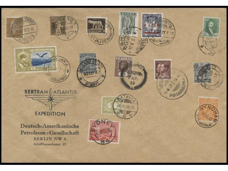 1932, Bertram Atlantis Expedition 26.2.-6.7, großformatiger Umschlag mit Marken aus 13 verschiedenen Ländern und entsprechend