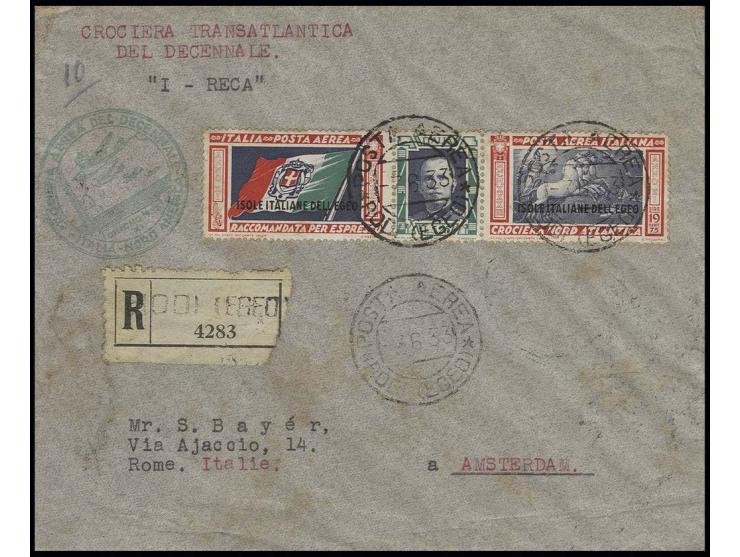 ÄGÄISCHE INSELN: 1933, Geschwaderflug, R-Brief mit Mi.-Nr. 121-22, Pilot "RECA", nach Amsterdam mit diversen Durchgangsstempe