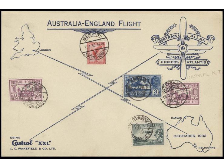 AUSTRALIEN: 1932/33, Australien-England-Flug 12.12.32 - 17.4.33, großformatiger Vordruckumschlag mit Marken aus 5 verschieden