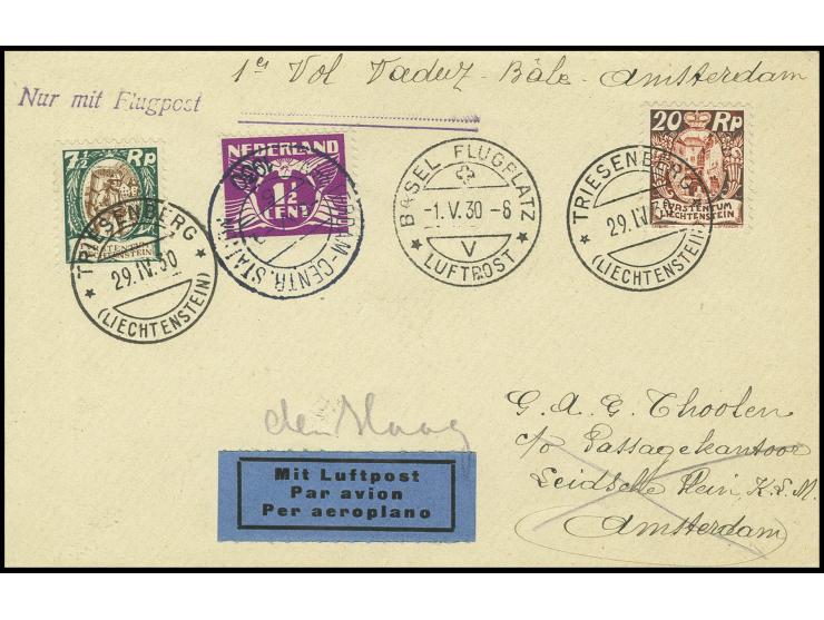 LIECHTENSTEIN: 1930, Erstflug Basel-Amsterdam, Brief mit Niederlande-Zufrankatur, Kabinett (SLH-Nr. 30.1)