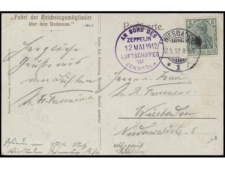 SCHWABEN (LZ10): 1912, Karte (links oben leichter Eckbug) "Fahrt der Reichstagsmitglieder" mit violettem Bordstempel vom 12.5