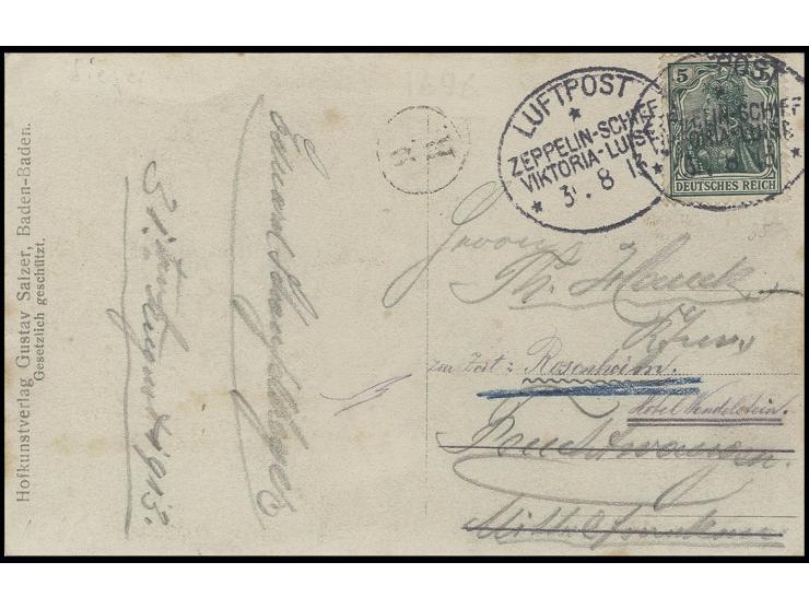 Viktoria Luise (LZ11): 1913, Oos-Rundfahrt, seltene Fotokarte "LZ11 über Baden-Baden" (Verlag Salzer) mit 2 Bordpoststempeln 