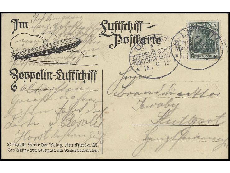 1913, Delag-Vordruckkarte mit 2 klaren Bordpoststempeln vom 14.9. und Grußtext, Pracht