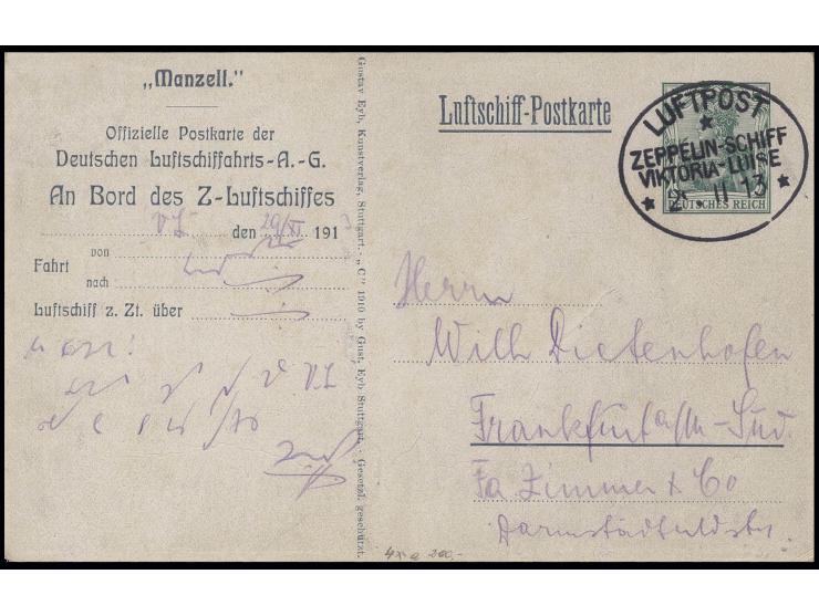 Ganzsachenkarte 5 Pfg. "Manzell" mit Bordpoststempel vom 29.11.13 (Ausbildungsfahrt über Frankfurt), Pracht