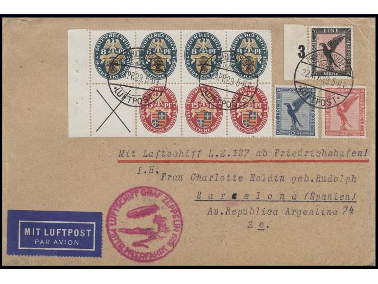 GRAF ZEPPELIN (LZ127): 1929, Mittelmeerfahrt, Brief mit u.a. kpl. Heftchenblatt 63 mit Rand nach Barcelona mit Maschinen-Anku