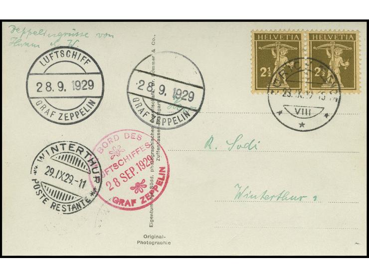 3. Schweizfahrt, Fotokarte mit Schweiz-Frankatur und Bord- und Bordpoststempel Abwurf Zürich mit seltenerem Ankunftsstempel (